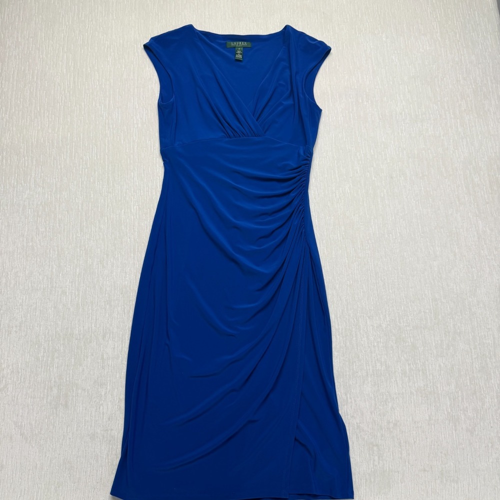 Ralph Lauren Ruched Wrap Dress Womens 6 Blue Cap Sleeve Surplice Neck Bold Party